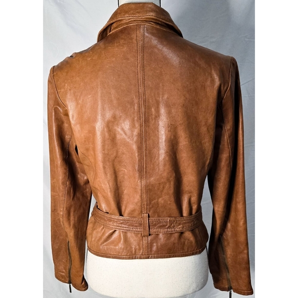 Fossil Real Leather Jacket Brown Moto Belted Retro Vintage Zipper - Picture 2 of 5